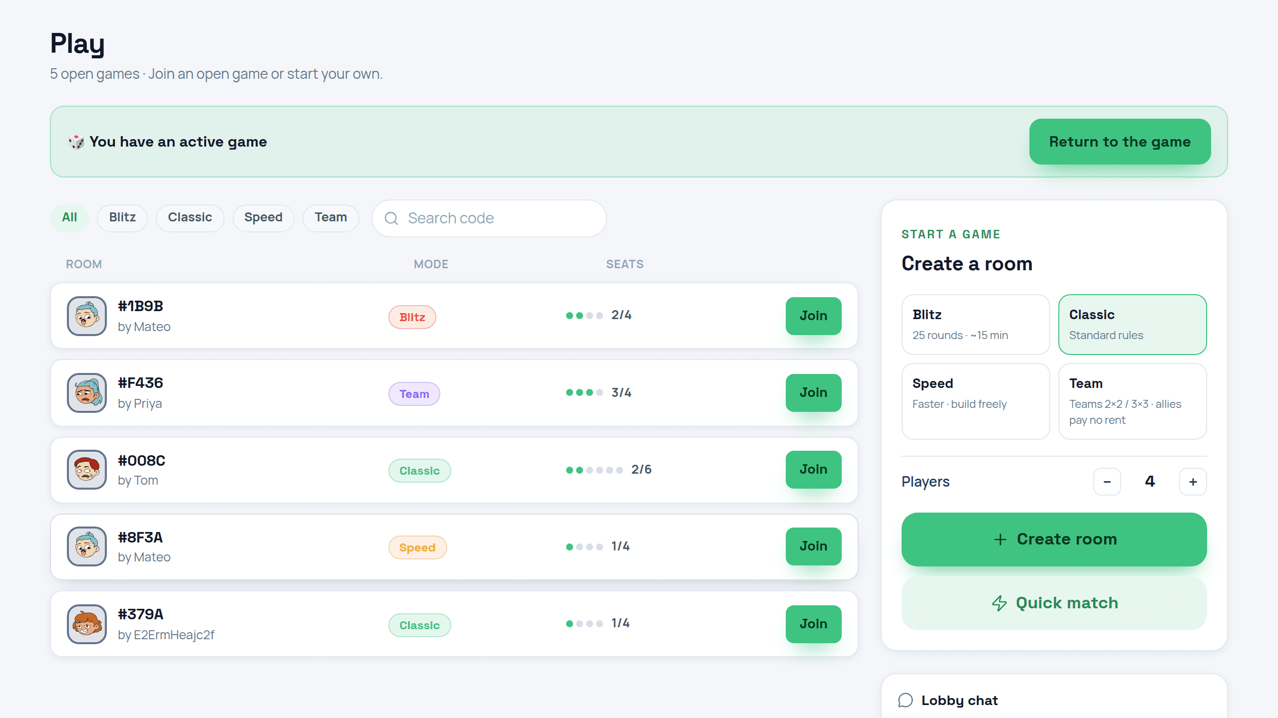 The opolyx lobby: open rooms with their mode and free seats, and the panel for creating your own.