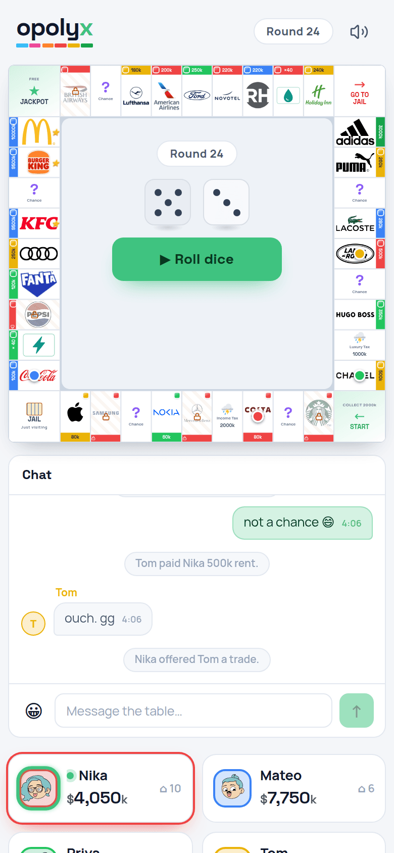 The same opolyx board on a phone screen.